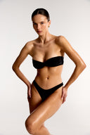 Black Azura twist bandeau bikini top and high cut bottoms on model, Bailee Swim